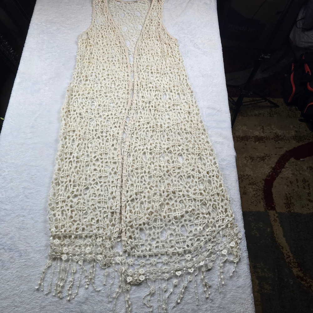 Unbranded Cream Crochet Swim Cover Up Vest Boho Fringe High Low Lace Trim